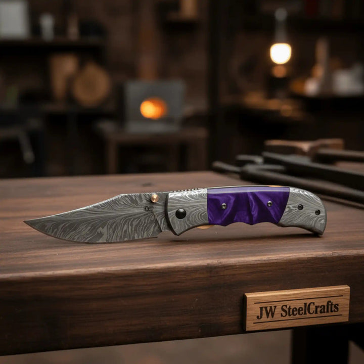 Handmade Feather Pattern Damascus Folding Knife with Purple Resin Handle &amp; Leather Sheath handmade Liner Lock Folder by JW SteelCrafts