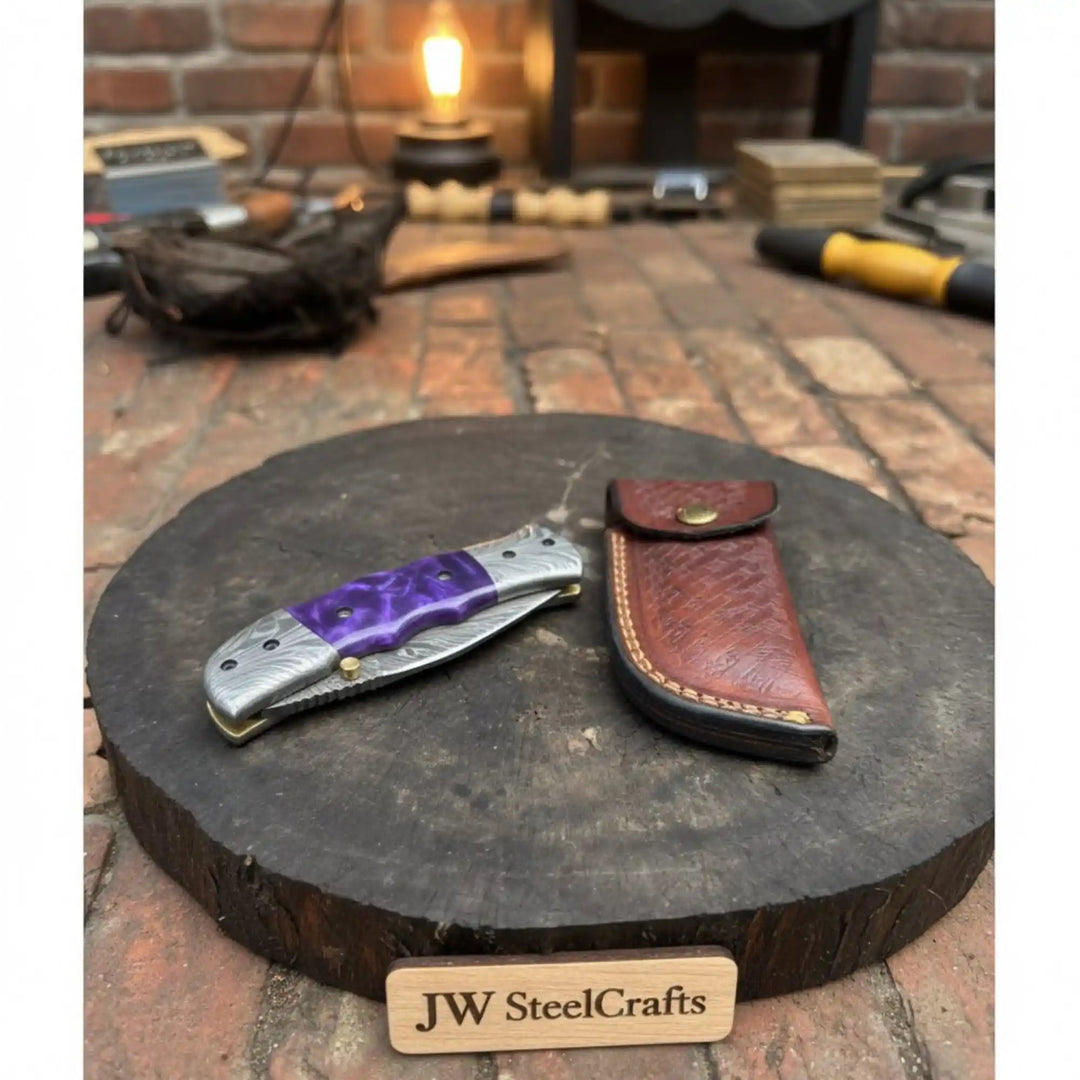 Handmade Feather Pattern Damascus Folding Knife with Purple Resin Handle &amp; Leather Sheath handmade Liner Lock Folder by JW SteelCrafts