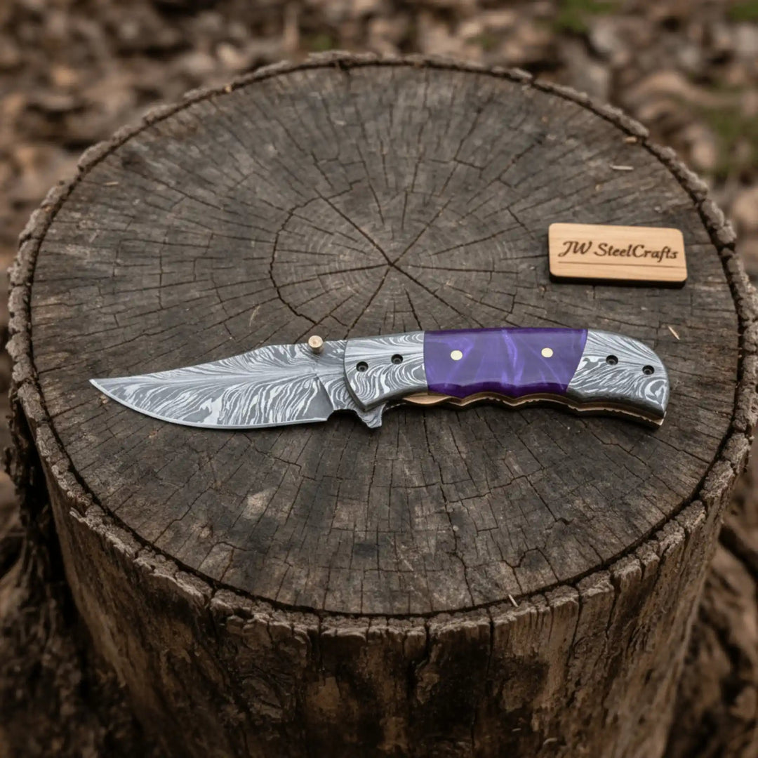Handmade Feather Pattern Damascus Folding Knife with Purple Resin Handle &amp; Leather Sheath handmade Liner Lock Folder by JW SteelCrafts