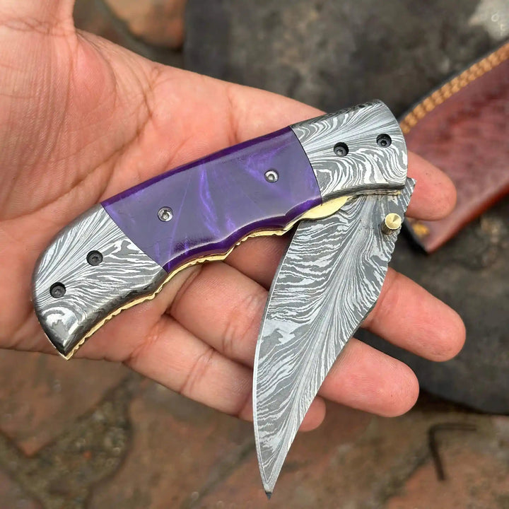 Handmade Feather Pattern Damascus Folding Knife with Purple Resin Handle &amp; Leather Sheath handmade Liner Lock Folder by JW SteelCrafts