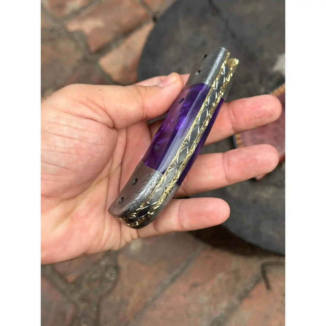 Handmade Feather Pattern Damascus Folding Knife with Purple Resin Handle &amp; Leather Sheath handmade Liner Lock Folder by JW SteelCrafts