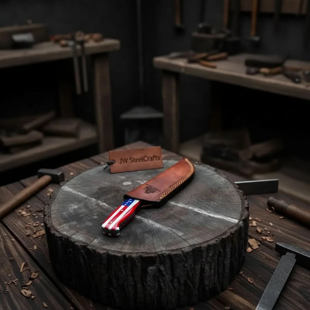 Damascus hunter knife with red white blue handle, brown leather sheath, and forest stump product presentation.