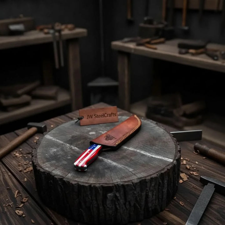 Damascus hunter knife with red white blue handle, brown leather sheath, and forest stump product presentation.