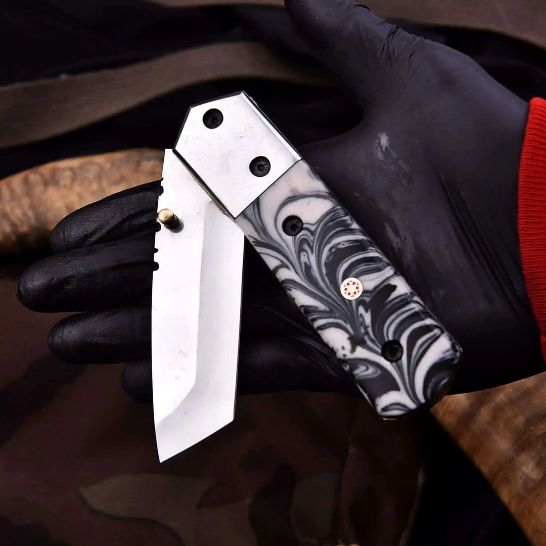 Handmade Folding Knife – Marble Resin Handle with Cleaver - Style Blade handmade Liner Lock Folder by JW SteelCrafts