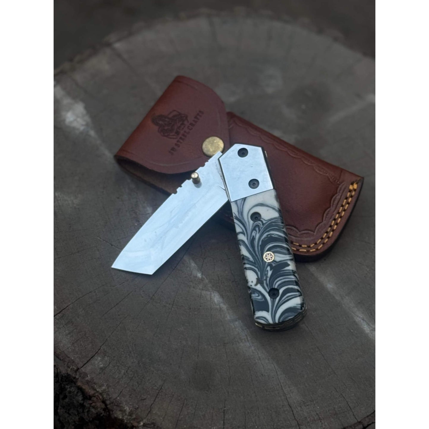 Handmade Folding Knife – Marble Resin Handle with Cleaver - Style Blade handmade Folding knife by JW SteelCrafts