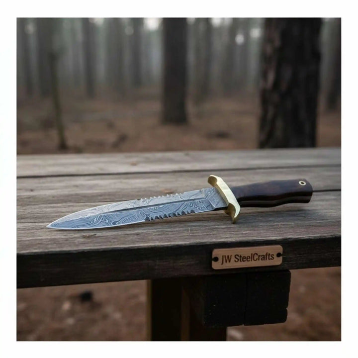 Handmade Frontier Bowie Knife, Damascus Steel Clip Point Blade, Sawback Spine, Brass Guard, Rosewood Handle, Fixed Blade Knife handmade Frontier Bowie Knives by JW SteelCrafts