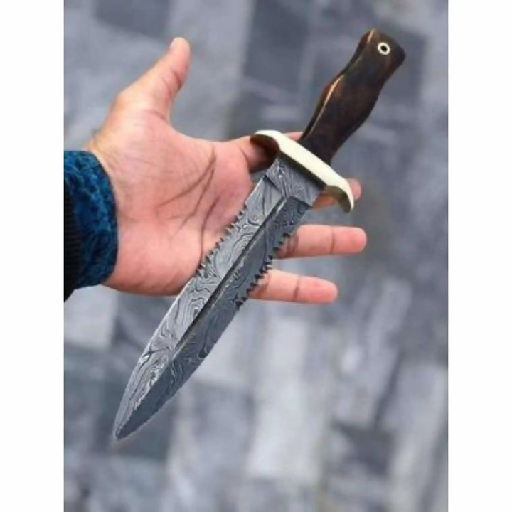 Handmade Frontier Bowie Knife, Damascus Steel Clip Point Blade, Sawback Spine, Brass Guard, Rosewood Handle, Fixed Blade Knife handmade Frontier Bowie Knives by JW SteelCrafts