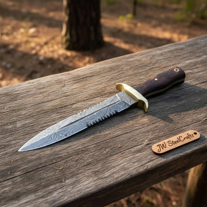Handmade Frontier Bowie Knife, Damascus Steel Clip Point Blade, Sawback Spine, Brass Guard, Rosewood Handle, Fixed Blade Knife handmade Frontier Bowie Knives by JW SteelCrafts
