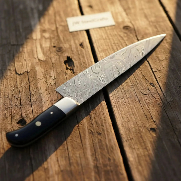 Handmade Gyuto Chef Knife Knife With A Black Handle On A Wooden Surface
