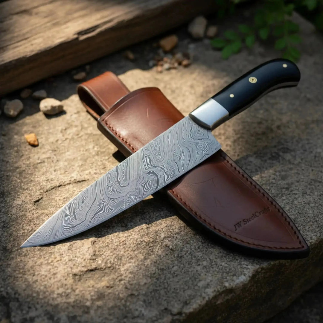 Handmade Gyuto Chef Knife Knife With A Damascus Blade And Brown Leather Sheath On A Stone Surface
