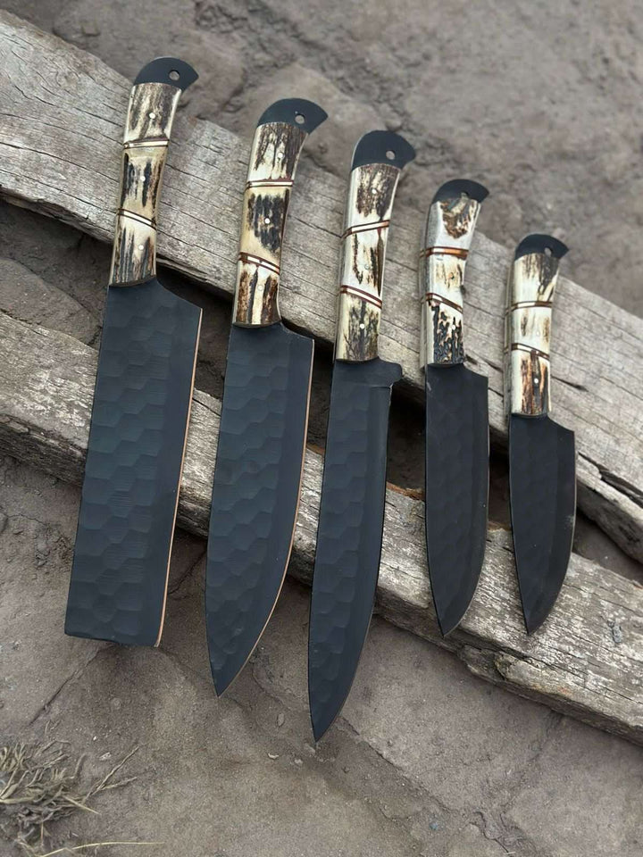 Handmade Hammered Chef Knife Set with Stag Antler Handles | 5 - Piece Kitchen Knife Set handmade Stainless Steel Chef Knives by JW SteelCrafts