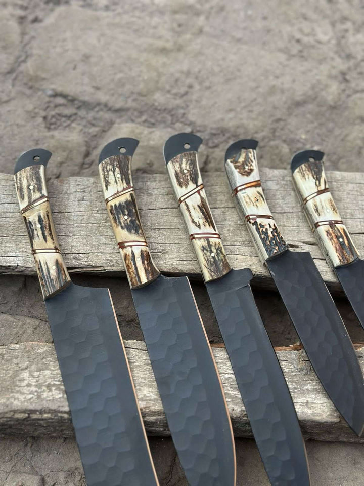 Handmade Hammered Chef Knife Set with Stag Antler Handles | 5 - Piece Kitchen Knife Set handmade Stainless Steel Chef Knives by JW SteelCrafts