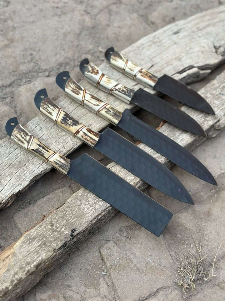 Handmade Hammered Chef Knife Set with Stag Antler Handles | 5 - Piece Kitchen Knife Set handmade Stainless Steel Chef Knives by JW SteelCrafts