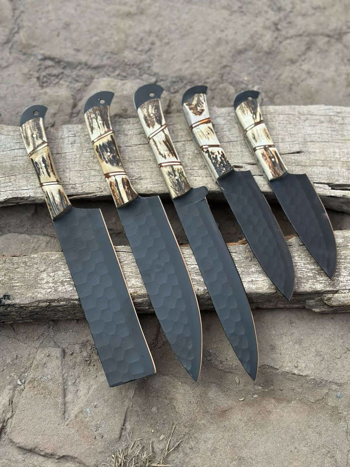 Handmade Hammered Chef Knife Set with Stag Antler Handles | 5 - Piece Kitchen Knife Set handmade Stainless Steel Chef Knives by JW SteelCrafts