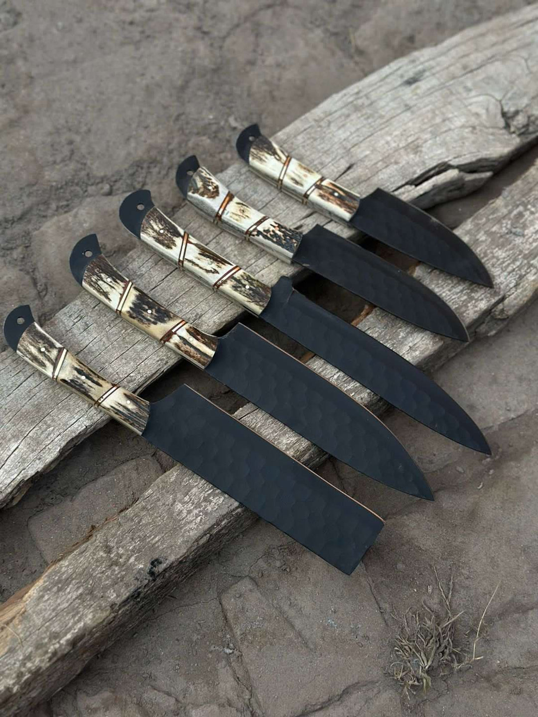 Handmade Hammered Chef Knife Set with Stag Antler Handles | 5 - Piece Kitchen Knife Set handmade Stainless Steel Chef Knives by JW SteelCrafts