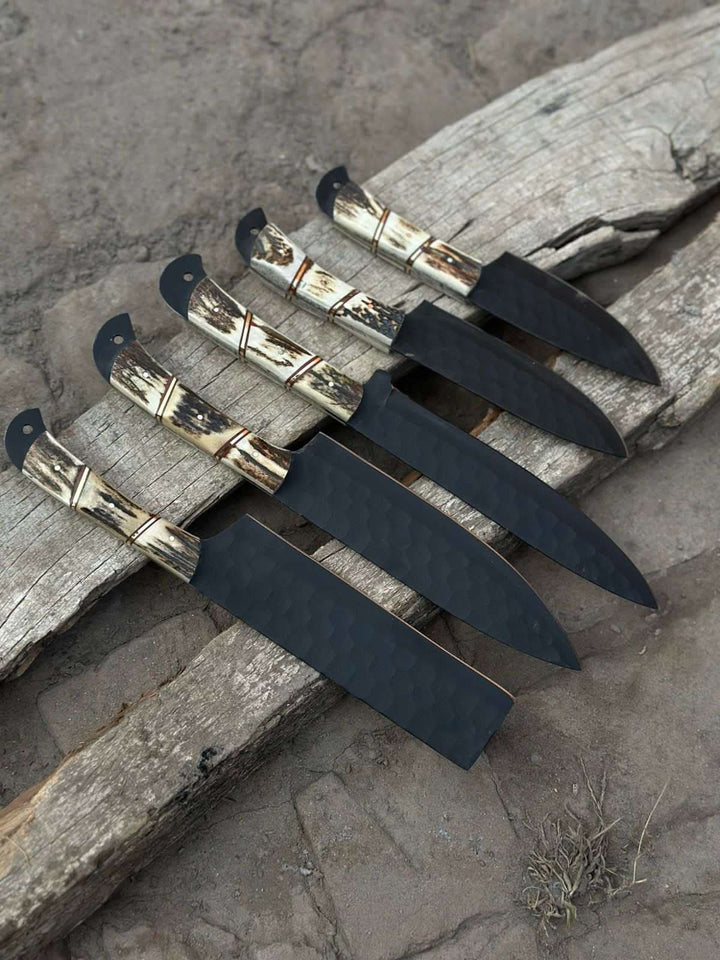 Handmade Hammered Chef Knife Set with Stag Antler Handles | 5 - Piece Kitchen Knife Set handmade Stainless Steel Chef Knives by JW SteelCrafts