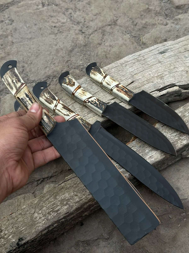 Handmade Hammered Chef Knife Set with Stag Antler Handles | 5 - Piece Kitchen Knife Set handmade Stainless Steel Chef Knives by JW SteelCrafts