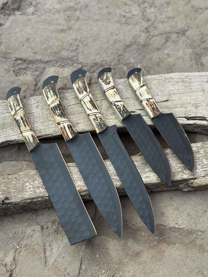 Handmade Hammered Chef Knife Set with Stag Antler Handles | 5 - Piece Kitchen Knife Set handmade Stainless Steel Chef Knives by JW SteelCrafts