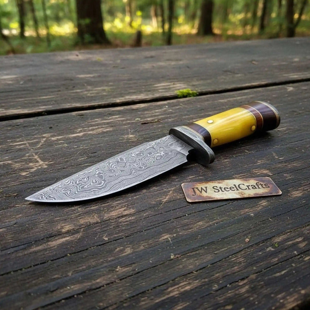 Handmade Hunter Clip Point Bowie Knife Damascus Steel Yellow Handle JW SteelCrafts handmade Clip Point Bowie Knives by JW SteelCrafts
