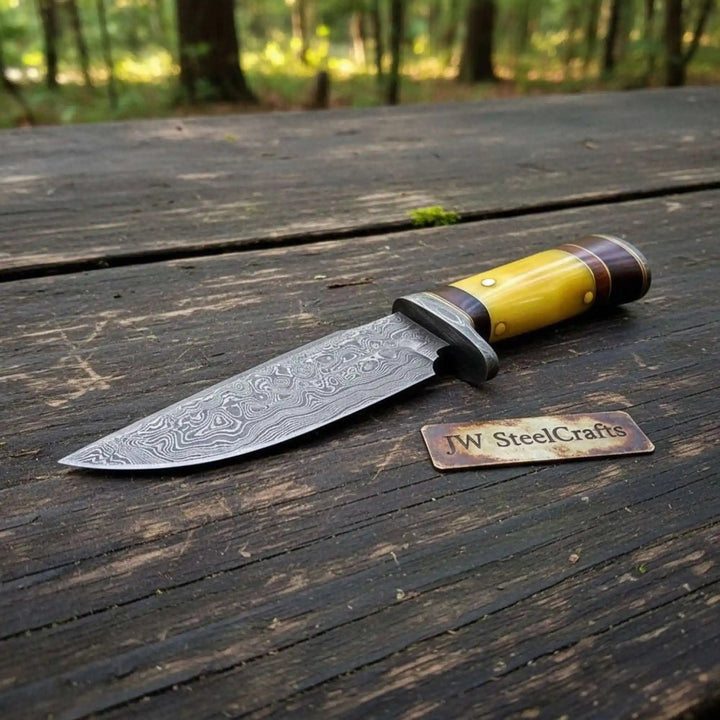 Handmade Hunter Clip Point Bowie Knife Damascus Steel Yellow Handle JW SteelCrafts handmade Clip Point Bowie Knives by JW SteelCrafts