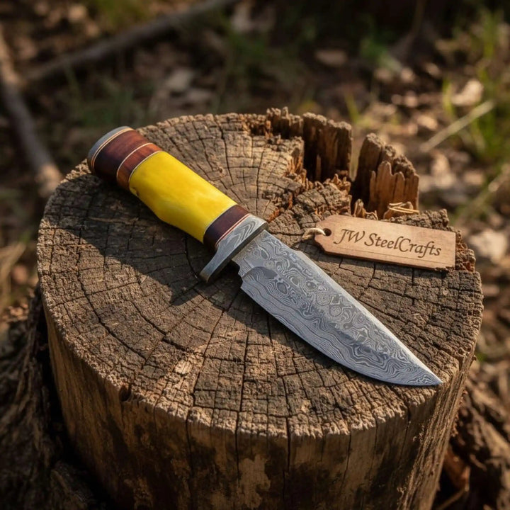 Handmade Hunter Clip Point Bowie Knife Damascus Steel Yellow Handle JW SteelCrafts handmade Clip Point Bowie Knives by JW SteelCrafts