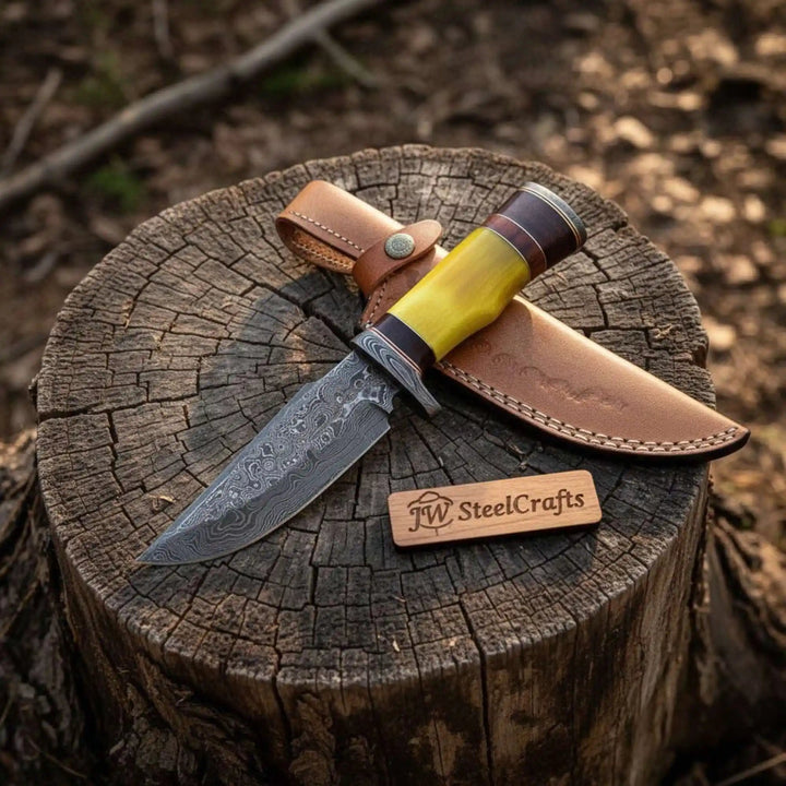 Handmade Hunter Clip Point Bowie Knife Damascus Steel Yellow Handle JW SteelCrafts handmade Clip Point Bowie Knives by JW SteelCrafts
