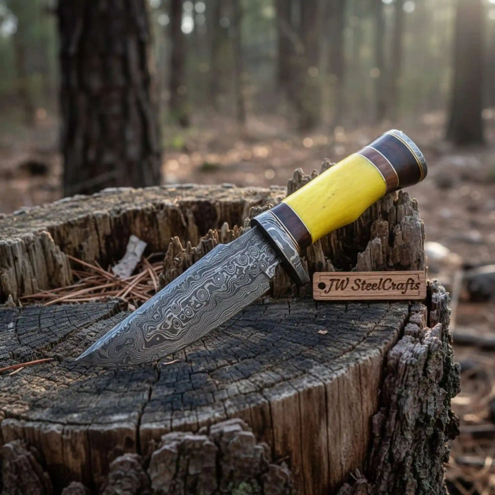 Handmade Hunter Clip Point Bowie Knife Damascus Steel Yellow Handle JW SteelCrafts handmade Clip Point Bowie Knives by JW SteelCrafts