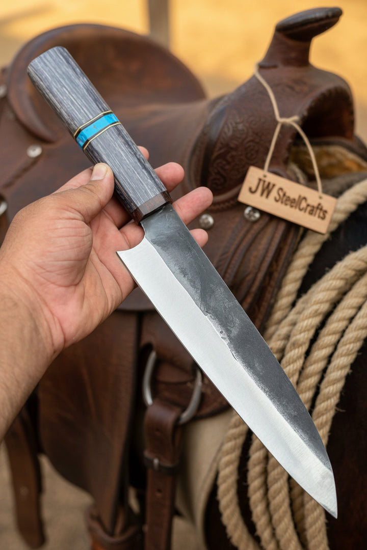 Handmade Japanese Chef Knife With Wooden Handle On A Brown Leather Saddle