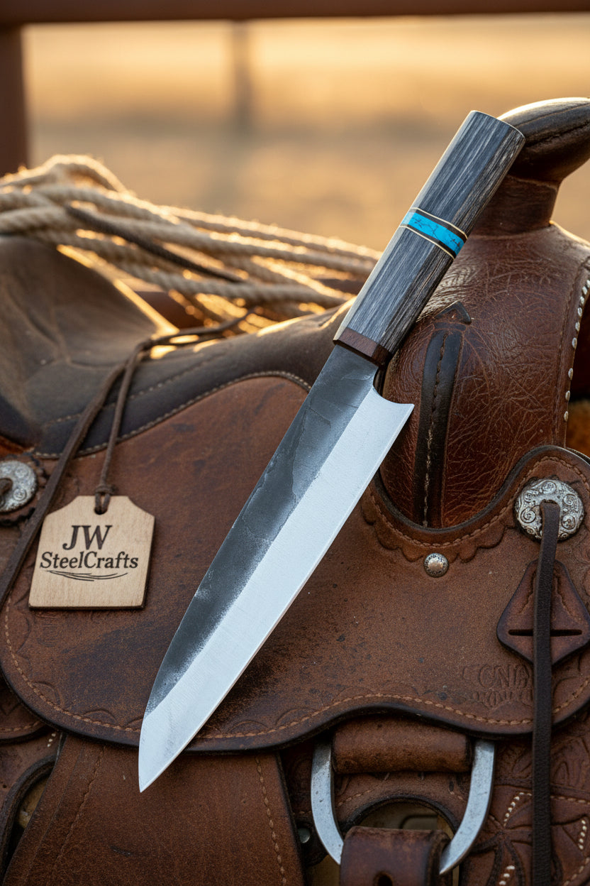 Handmade Japanese Chef Knife With Wooden Handle On A Brown Leather Saddle