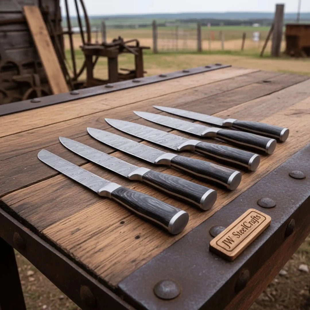 Premium Damascus steel culinary blades displayed horizontally in organized studio flatlay composition.