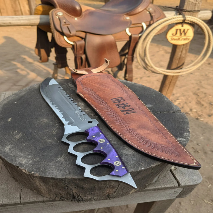 Handmade Knuckle Bowie Knife With Leather Sheath On A Wooden Block