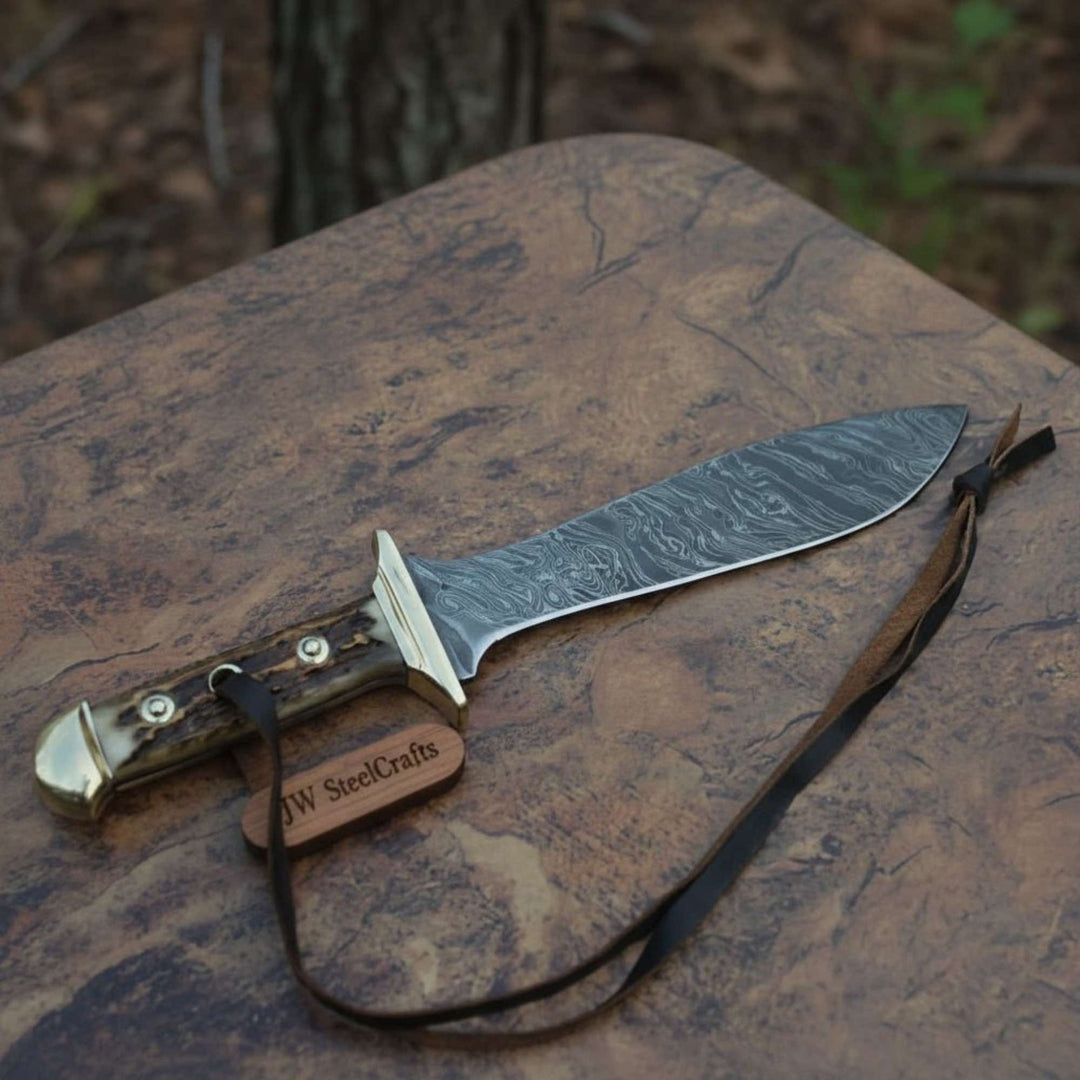 Handmade Persian - Style Upswept Bowie Knife with Stag Handle and Brass Pommel handmade Bowie Knives by JW SteelCrafts