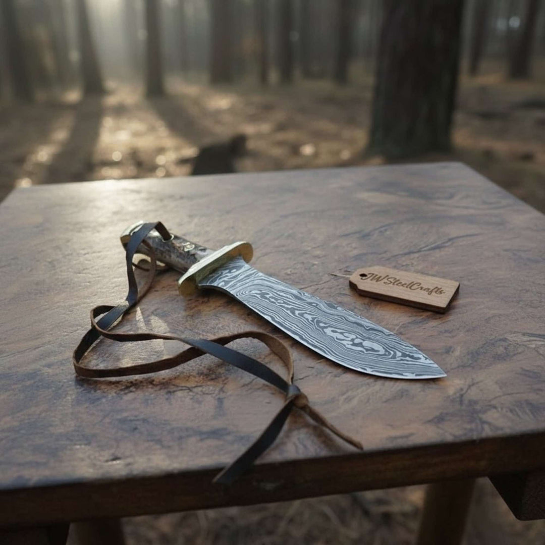 Handmade Persian - Style Upswept Bowie Knife with Stag Handle and Brass Pommel handmade Bowie Knives by JW SteelCrafts