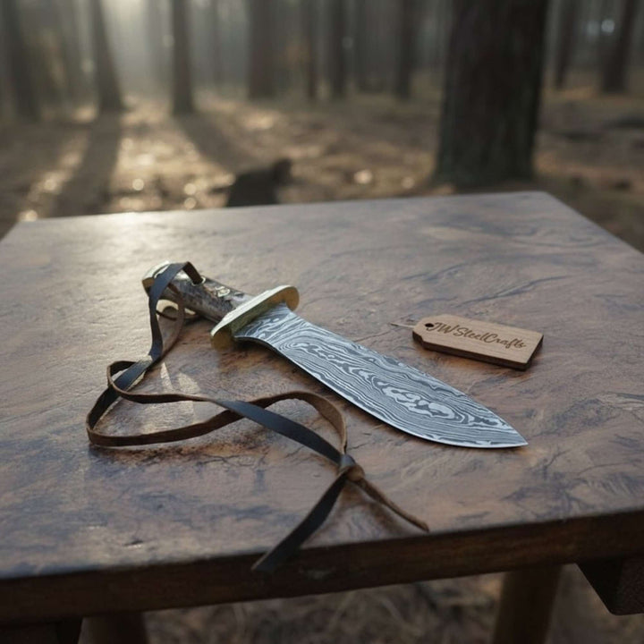 Handmade Persian - Style Upswept Bowie Knife with Stag Handle and Brass Pommel handmade Bowie Knives by JW SteelCrafts