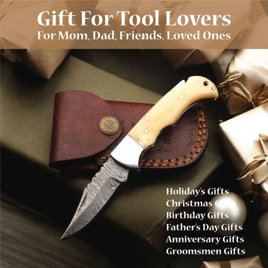 Damascus Folding Knife – Pocket EDC Knife with Color Handle Options (Pink, Blue, Bone, Green, Red)