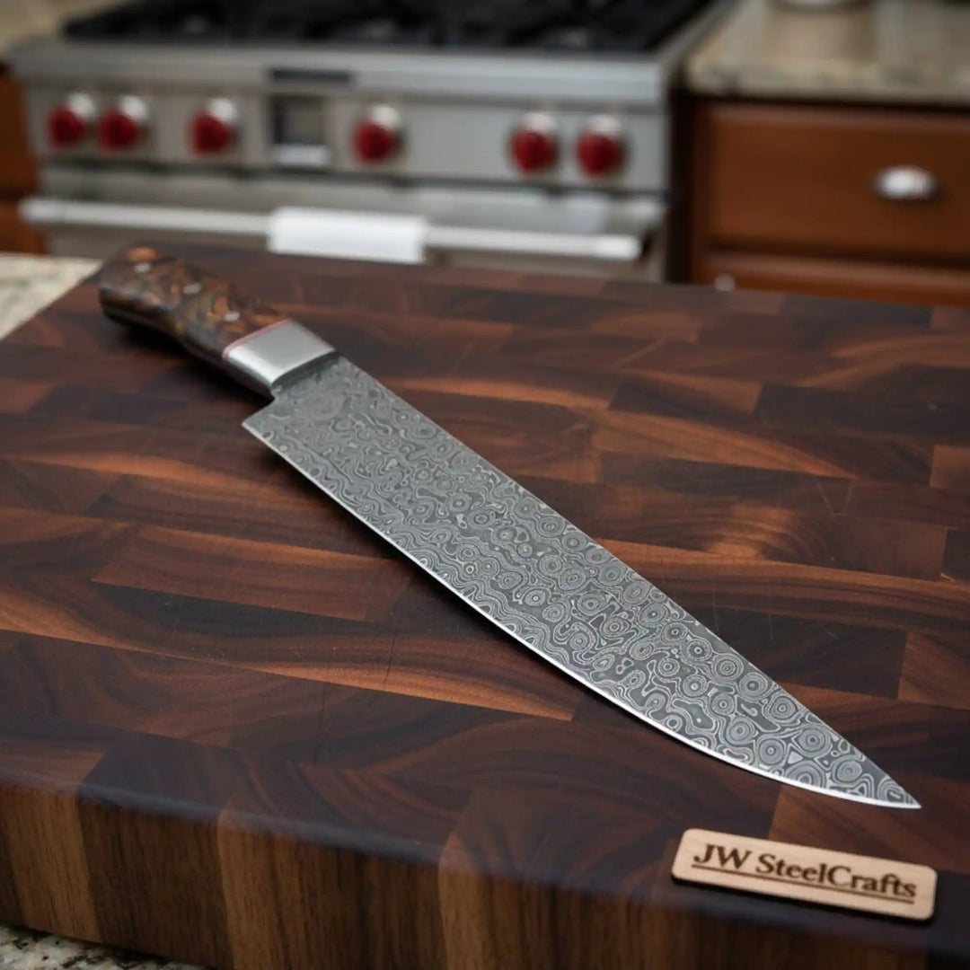 Handmade Raindrop Damascus Chef Knife 9 Inch Blade, Full Tang Forged Kitchen Knife with Stabilized Wood Handle, Professional Meat Cutting and Cooking Knife JW SteelCrafts handmade Damascus Steel Chef Knives by JW SteelCrafts