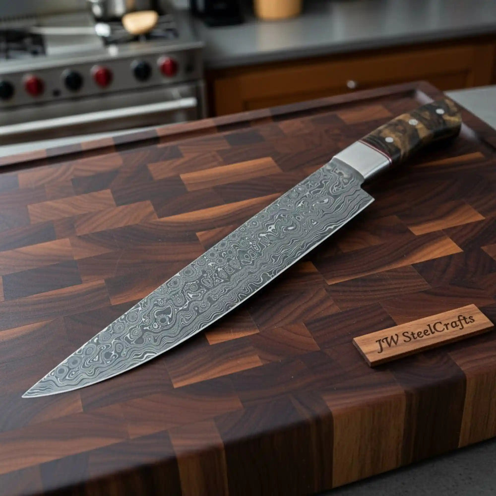 Handmade Raindrop Damascus Chef Knife 9 Inch Blade, Full Tang Forged Kitchen Knife with Stabilized Wood Handle, Professional Meat Cutting and Cooking Knife JW SteelCrafts handmade Damascus Steel Chef Knives by JW SteelCrafts