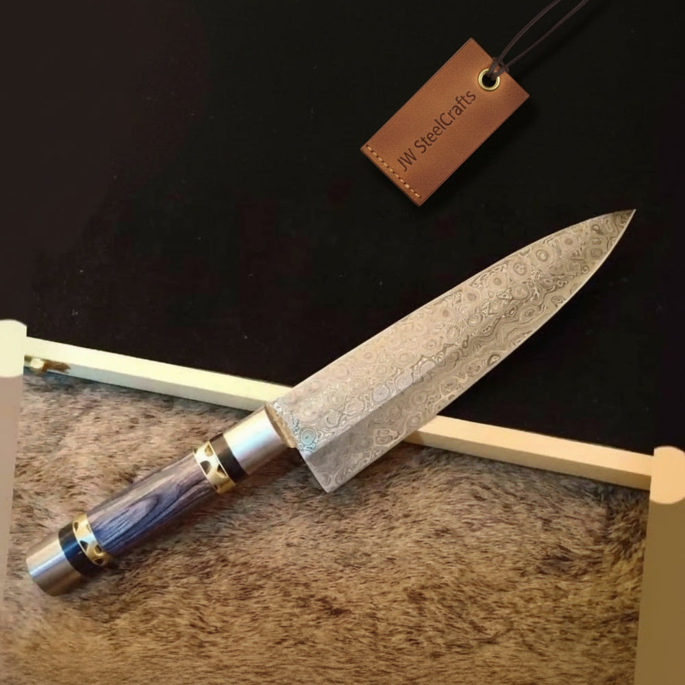 Handmade Raindrop Damascus Chef Knife, Full Tang 12 Inch Kitchen Knife with Grey Wood Handle, Brass Filework, Steel Bolster and Pommel handmade Santoku Knife by JW SteelCrafts