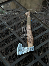Load image into Gallery viewer, Handmade Viking Axe – Engraved Steel Head with Carved Wooden Handle