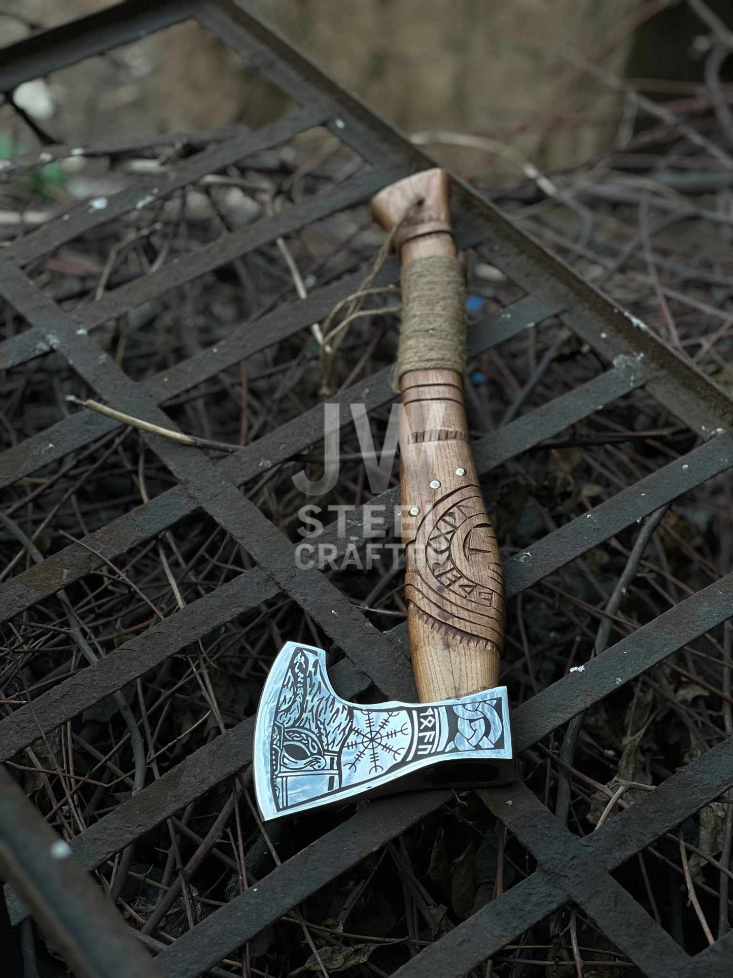 Handmade Viking Axe – Engraved Steel Head with Carved Wooden Handle