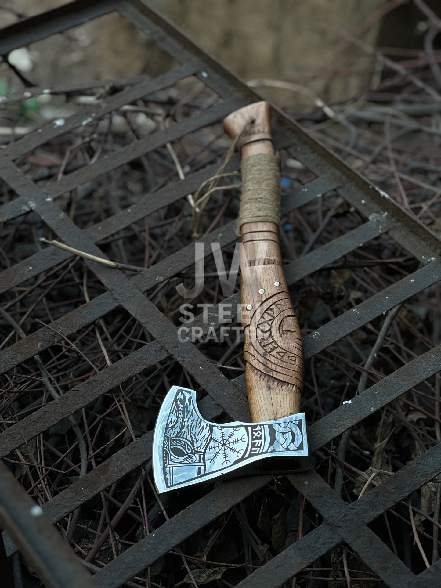Handmade Viking Axe – Engraved Steel Head with Carved Wooden Handle
