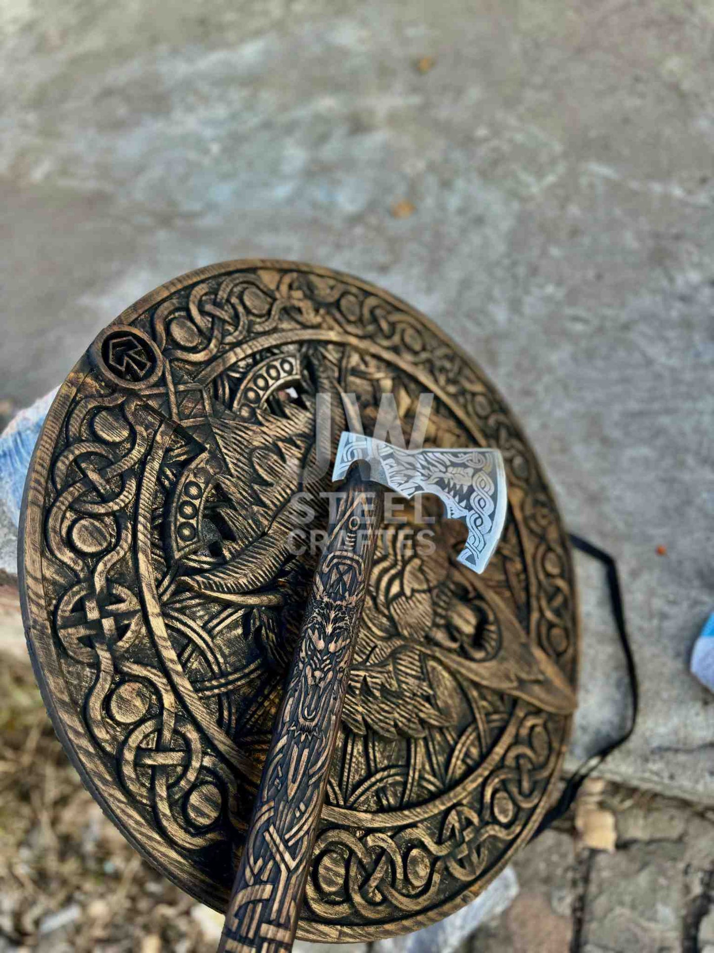 Handmade Viking Axe with Wolf Engraving & Wooden Shield – Norse Collectible Set