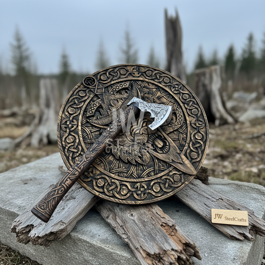 Handcrafted Viking Shield with Matching Engraved Axe – Nordic Art Decor Set