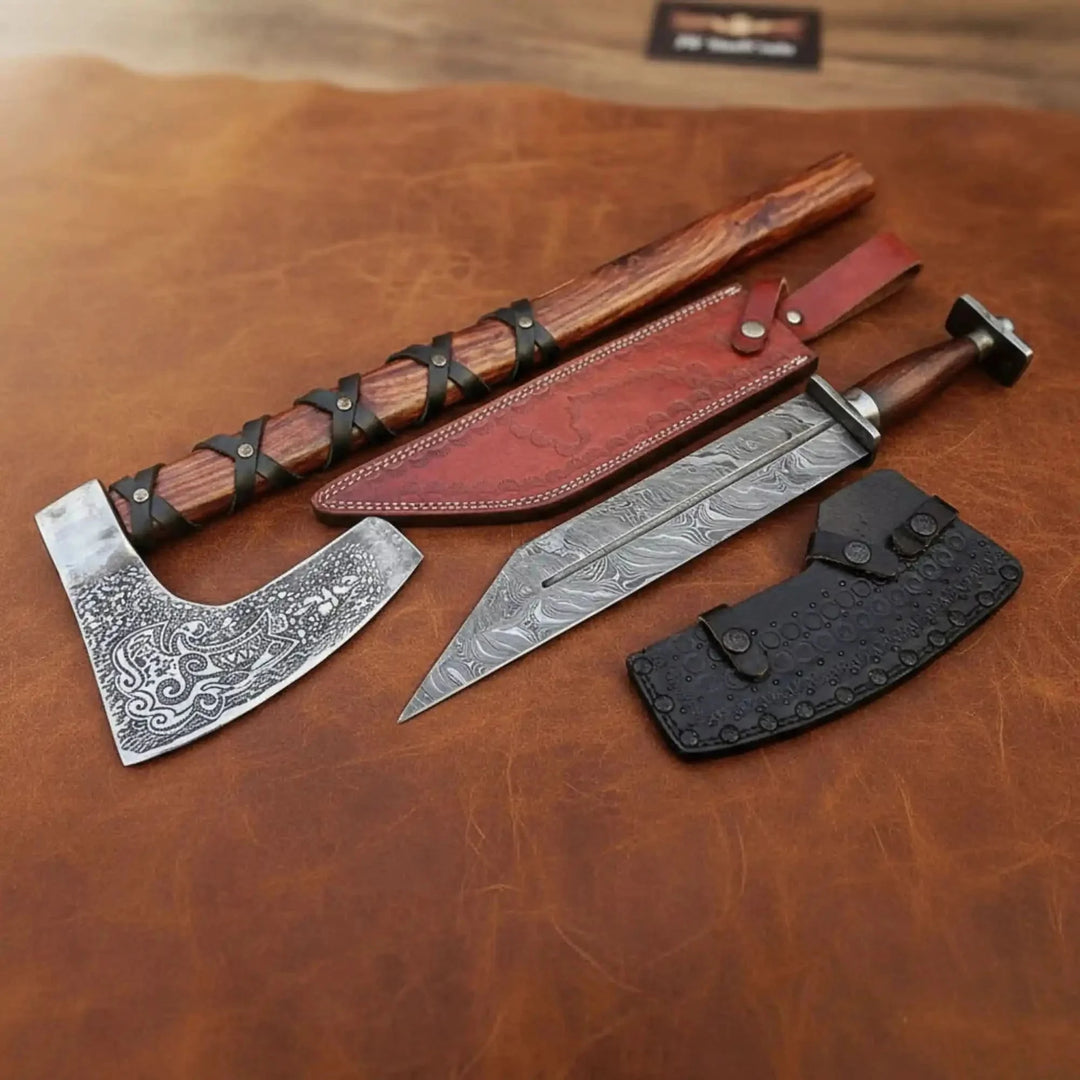 Handmade viking bearded axe knife set with wooden handles and leather sheaths displayed on a brown leather surface.