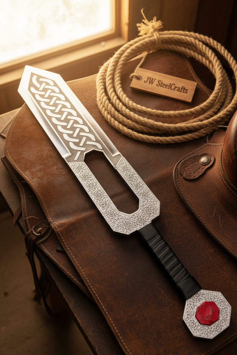 Handmade Viking Sword Decorative Sword With Intricate Design On A Leather Surface, Accompanied By A Rope 