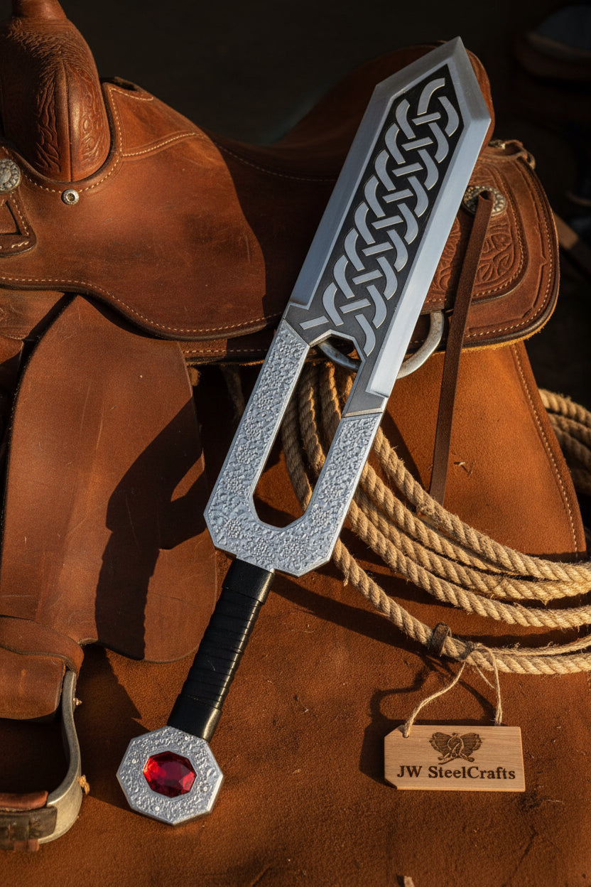 Handmade Viking Sword Decorative Sword With Intricate Design On A Leather Surface, Accompanied By A Rope 
