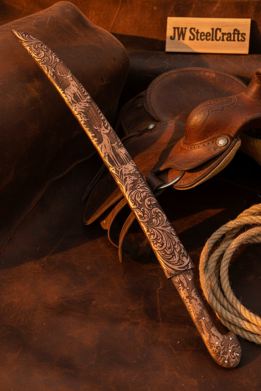 Handmade Wooden Shashka Sword Decorative Knife With Intricate Patterns On A Leather Background