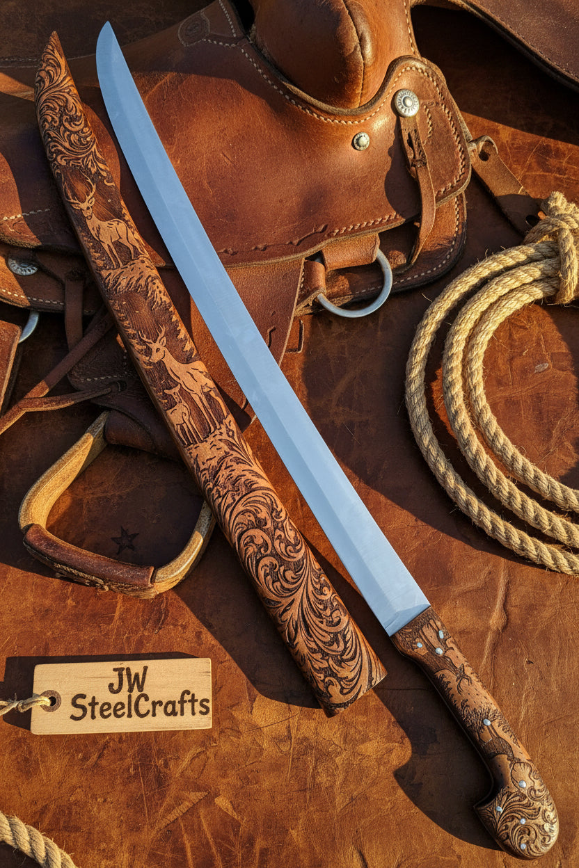 Handmade Wooden Shashka Sword Decorative Knife With Intricate Patterns On A Leather Background