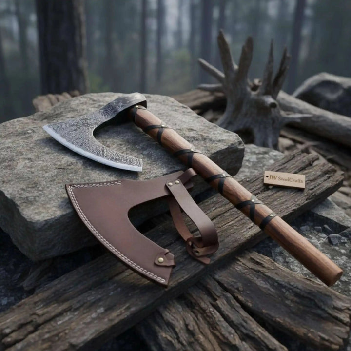 Gloomspire-inspired Viking battle hatchet showcasing polished steel engravings and rugged wooden handle details.