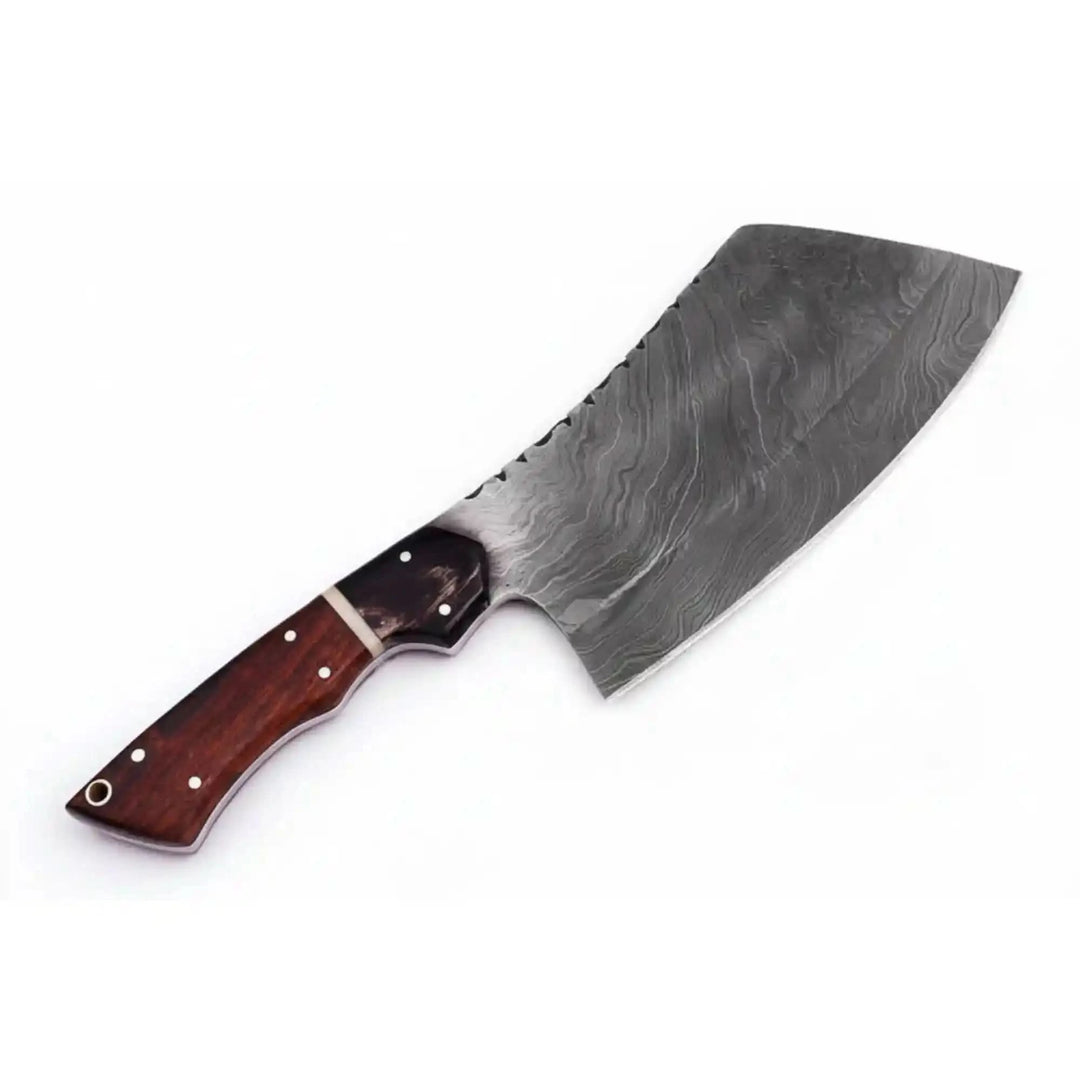Professional Damascus kitchen cleaver with broad chopping blade and wooden handle